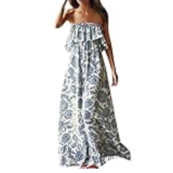 Blue and white strapless maxi dress - Picture 2 of 8